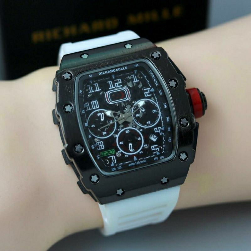 Jam Tangan Pria RM Richard Mile Crono Aktif Body Hitam Tali Putih - Jam Tangan Pria