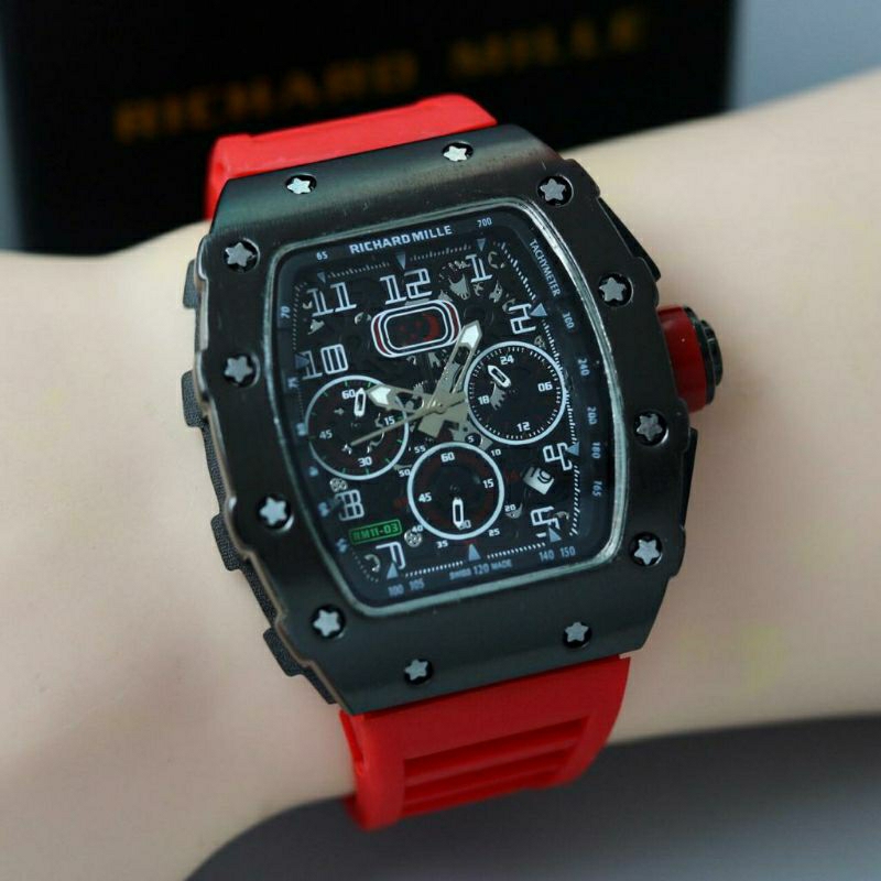 Jam Tangan Pria RM Richard Mile Crono Aktif Body Hitam Tali Merah - Jam Tangan Pria