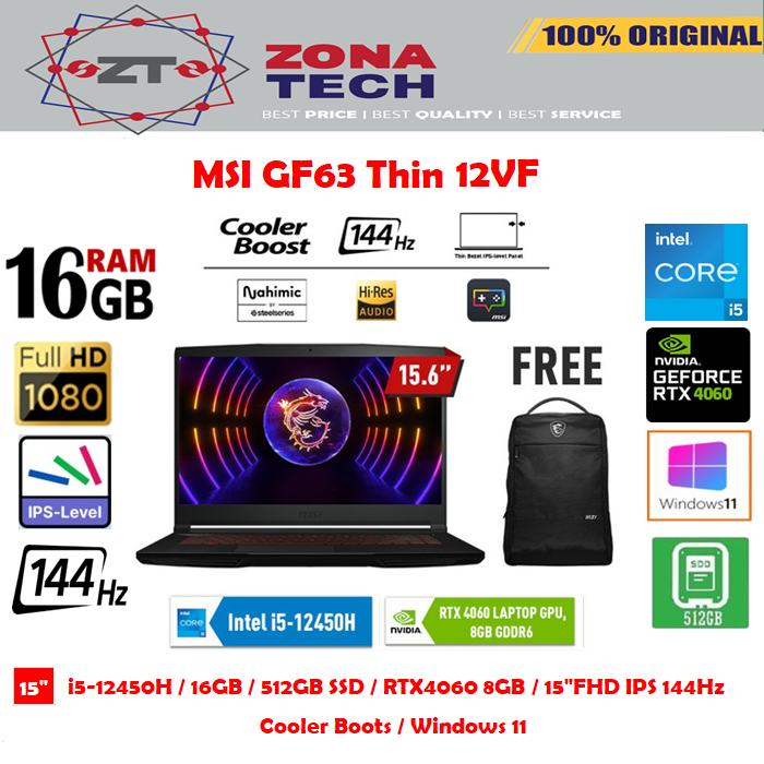 MSI GF63 THIN 12VF - i5-12450H - 16GB - 512GB SSD - RTX4060 8GB - 15,6&quot;FHD IPS 144Hz - W11