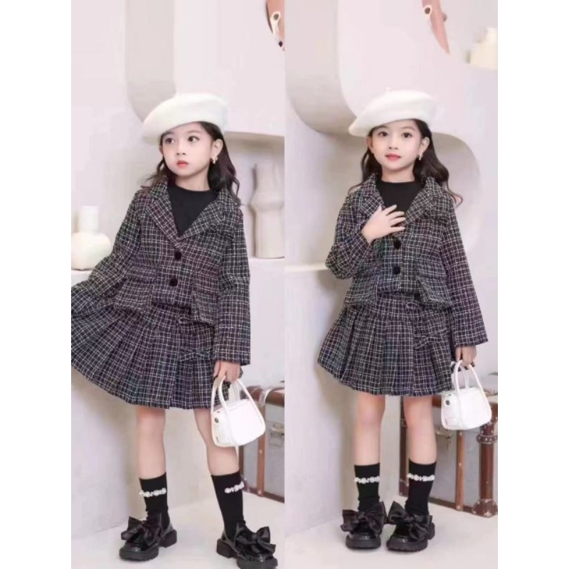 (Dolphyshop) Setelan anak tweed blazer + rok pita