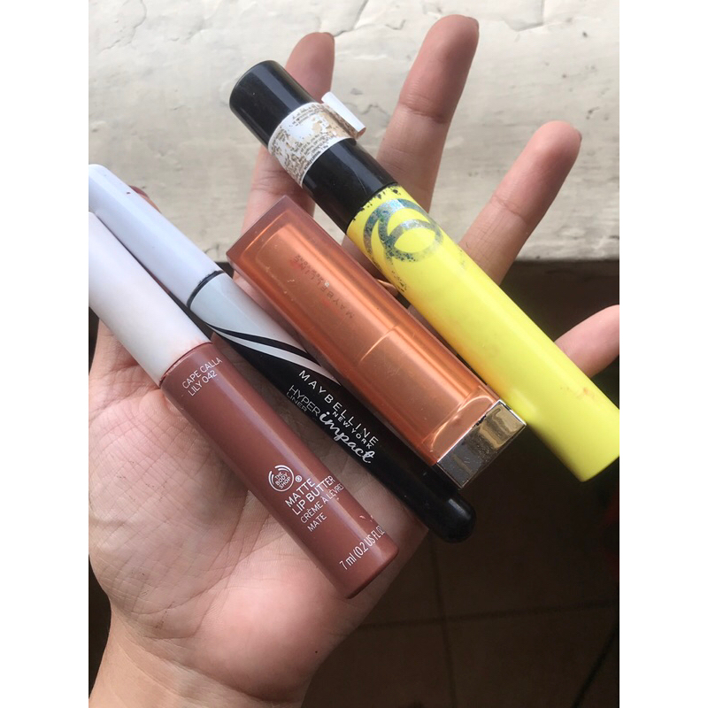 Lip cream the body shop, Eyeliner Maybelline, lip cream Maybelline, mascara orifle