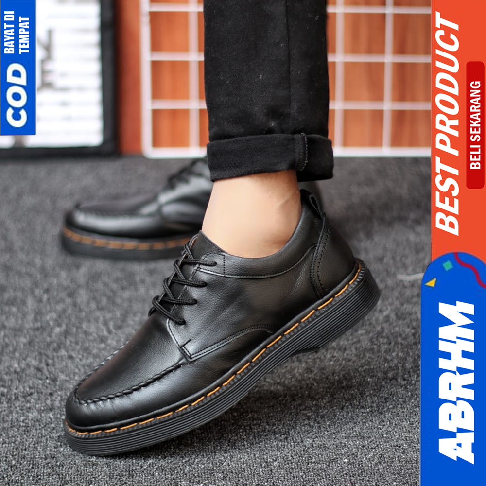 ABRHM Sepatu Formal Pantofel Docmart Casual Kulit Asli Kerja Pria Hitam Shiro