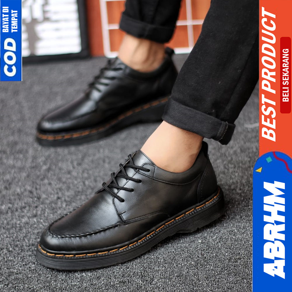 ABRHM Sepatu Formal Pantofel Docmart Kulit Asli Kerja Pria Hitam Shiro