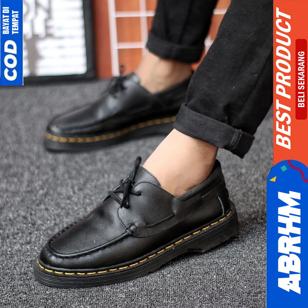 ABRHM Sepatu Formal Pantofel Pria Casual Kulit Asli Docmart Kerja Pria Hitam Kazuto