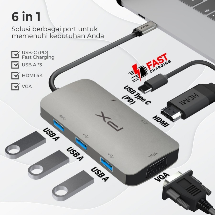 Hub Converter USB Type C 3.1 to HDMI 4K VGA USB 6 in 1 PX UCH60 UCH 60