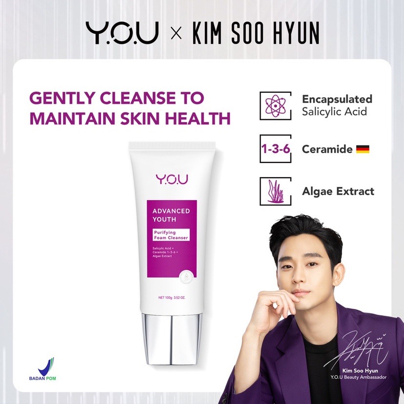 YOU Advanced Youth Purifying Foam Cleanser Indonesia / Pembersih Wajah 100g / Salicylic Acid + Ceramide 1-3-6 + Algae Extract / Mengurangi Minyak Eksfoliator / Sabun Cuci Muka / Anti Aging Penuaan Dini Garis Halus Keriput / Skincare Face Care Y.O.U Series