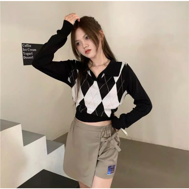 YIYI GIRL Atasan Rajut Kotak-kotak V-neck Wanita Crop Top Lengan Panjang