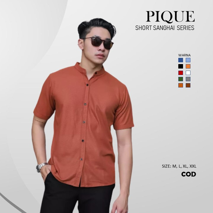 Kemeja Polos Pria Ciangi Lengan Pendek Kerah Sanghai Bahan Pique
