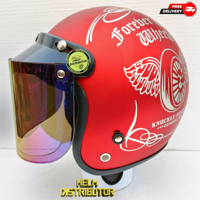 HELM BOGO RETRO MOTIF TWO WHEELS DEWASA KACA DATAR HITAM/BENING/SILVER/PELANGI PRIA WANITA COD