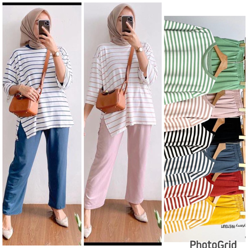 setelan celana wanita kaos import salur setelan wanita oversize setelan wanita jumbo setcel kaos