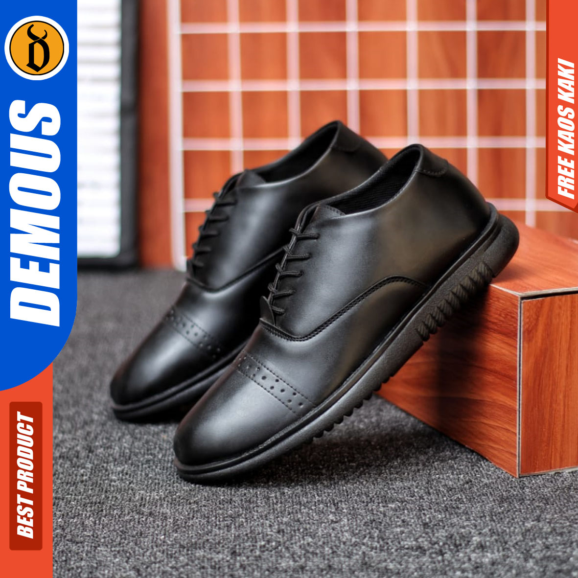 DEMOUS HATTE - Sepatu Formal Pria Kerja Kantor Kulit PU Hitam Pantofel Casual Cowok