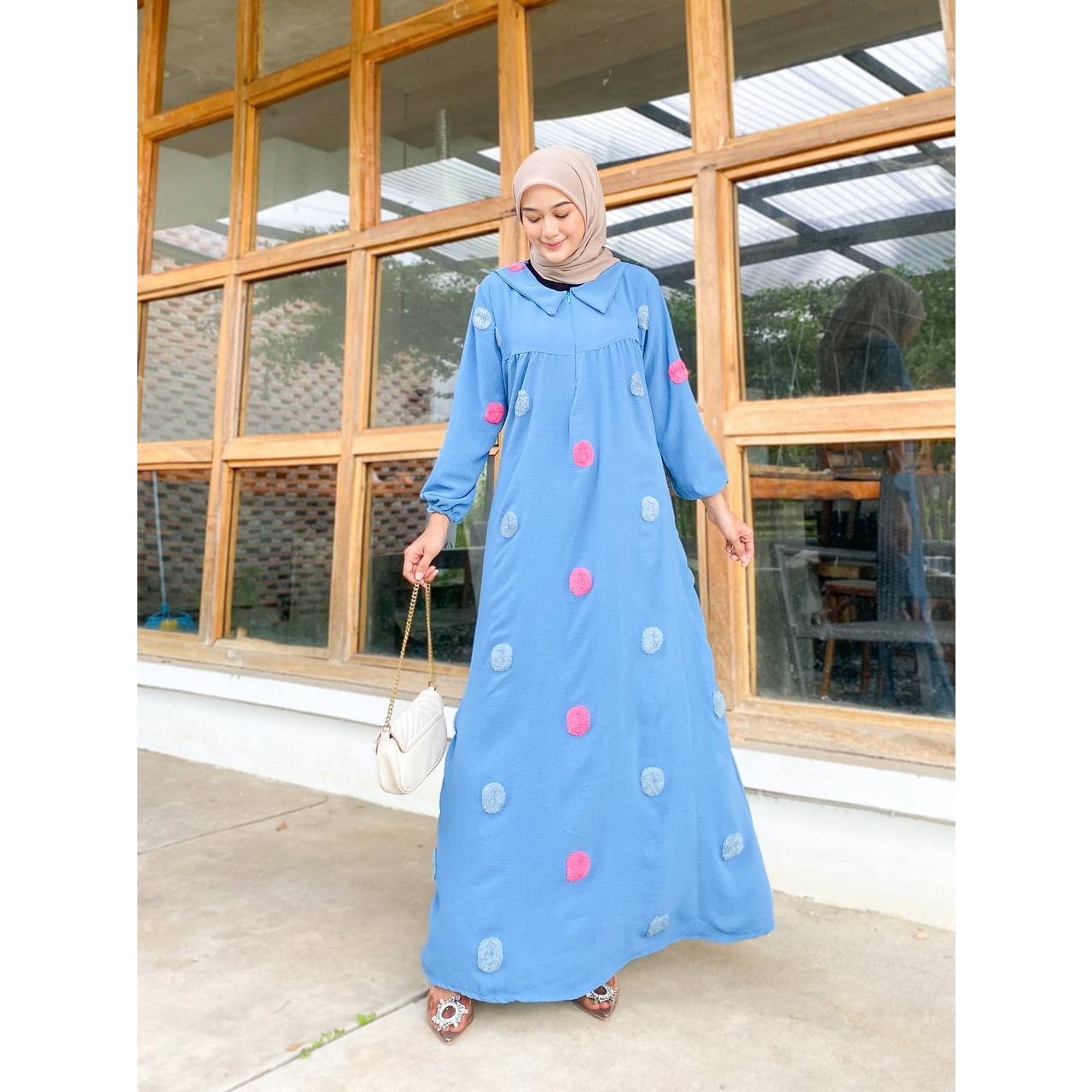 Gamis Suhana Dress Jumbo crinkle pompom timbul Resleting depan busui Tali samping Ld120cm Pj35cm