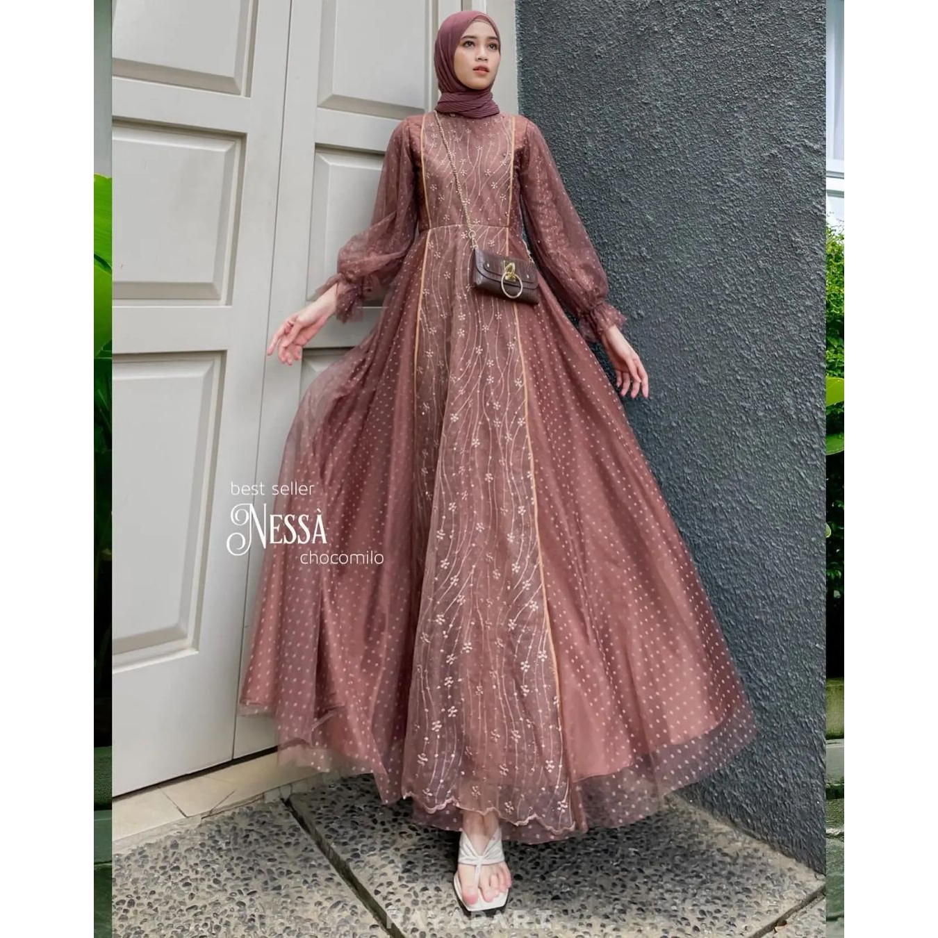 Gamis nesa dress bahan mix brukat tulle premium / busui / resleting depan original