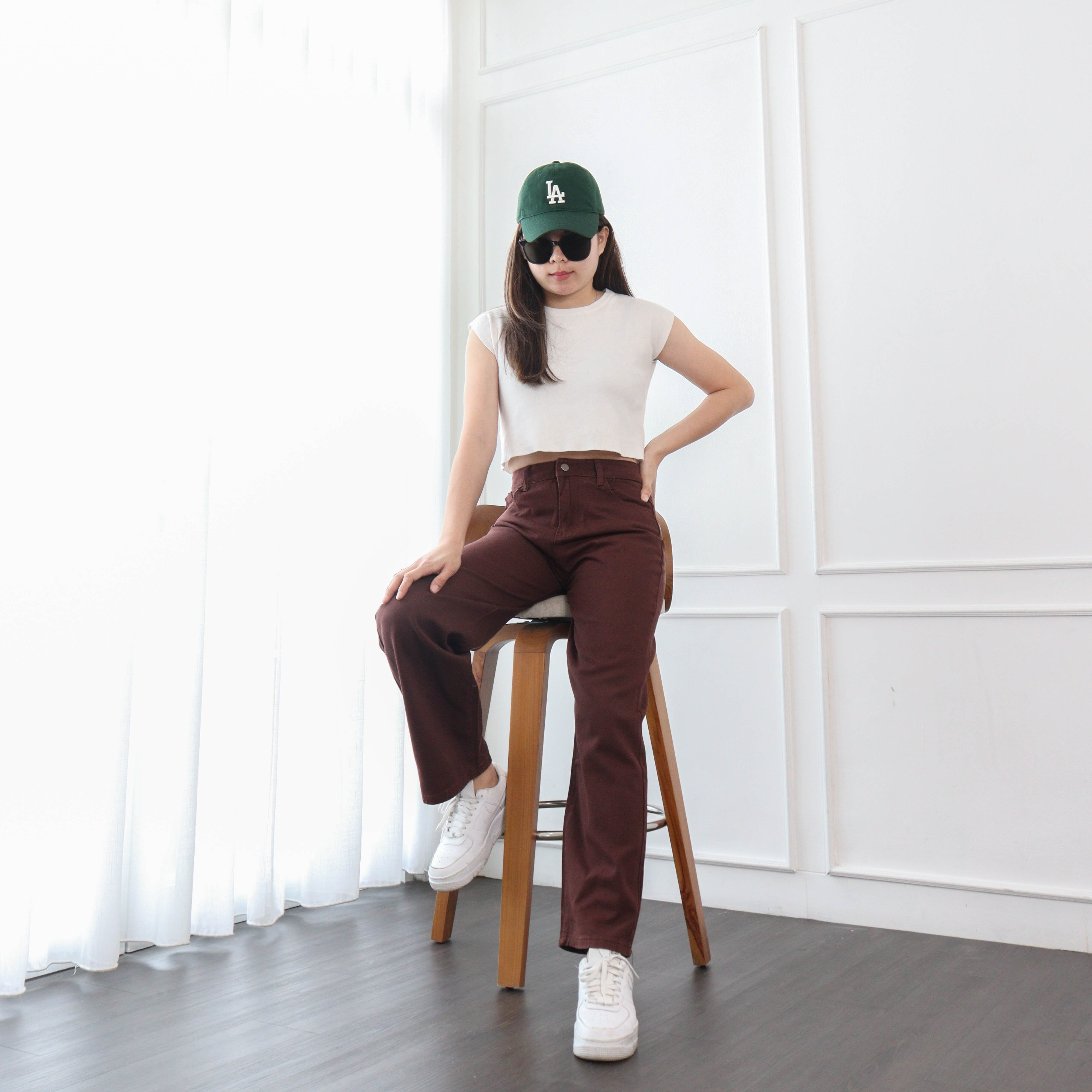 DEMORIN - Celana Jeans Bawahan Wanita Highwaist Straight Korean Plain Brown Polos Coklat X5006