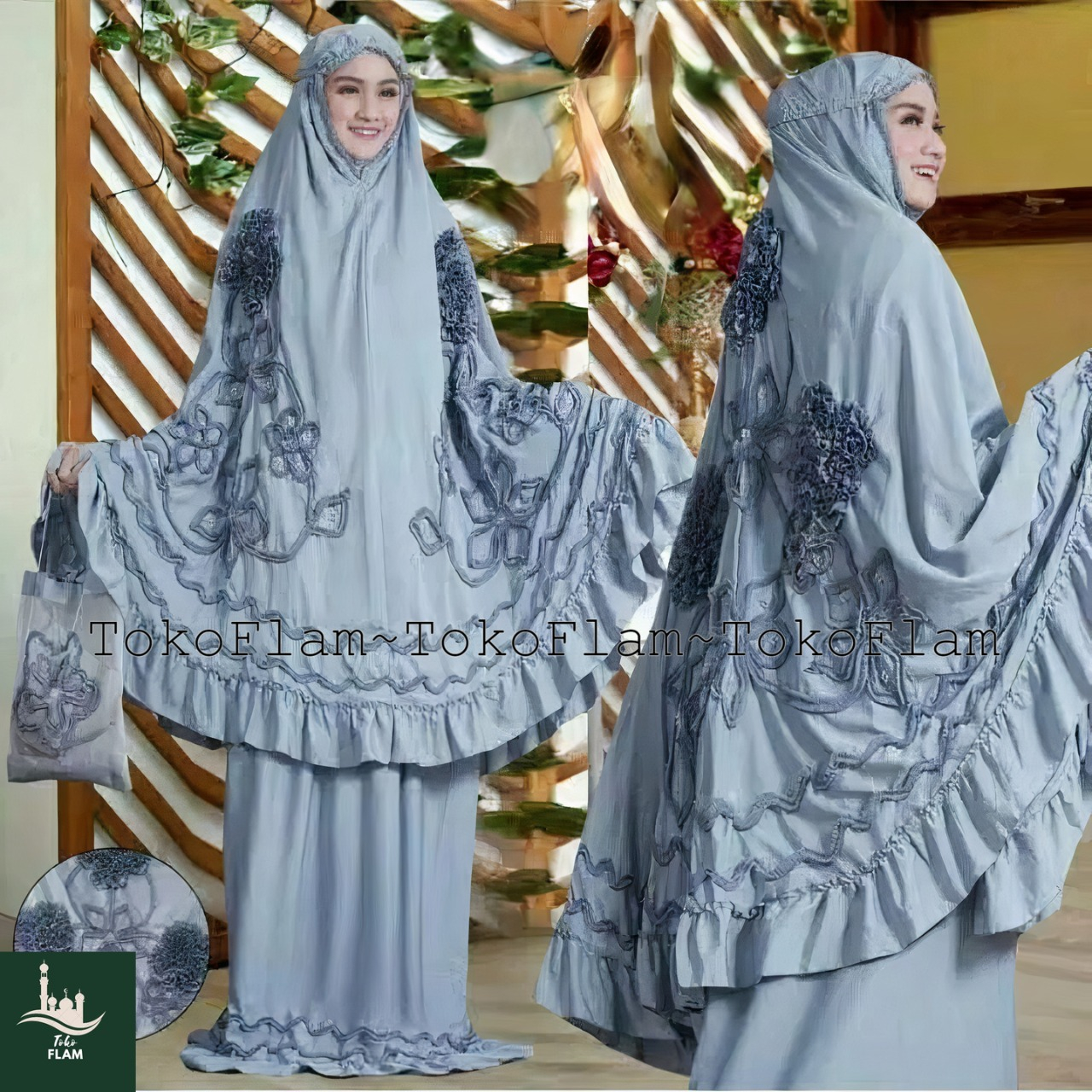 FLAM MUKENA DEWASA GHAISANI ROSELLA MOTIF BUNGA TIMBUL