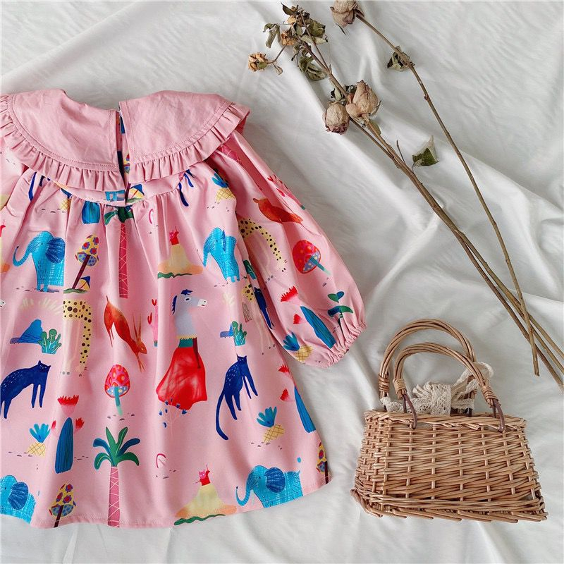 Dress Anak Perempuan Pink Collar Motif Zoo Lengan Panjang Karet