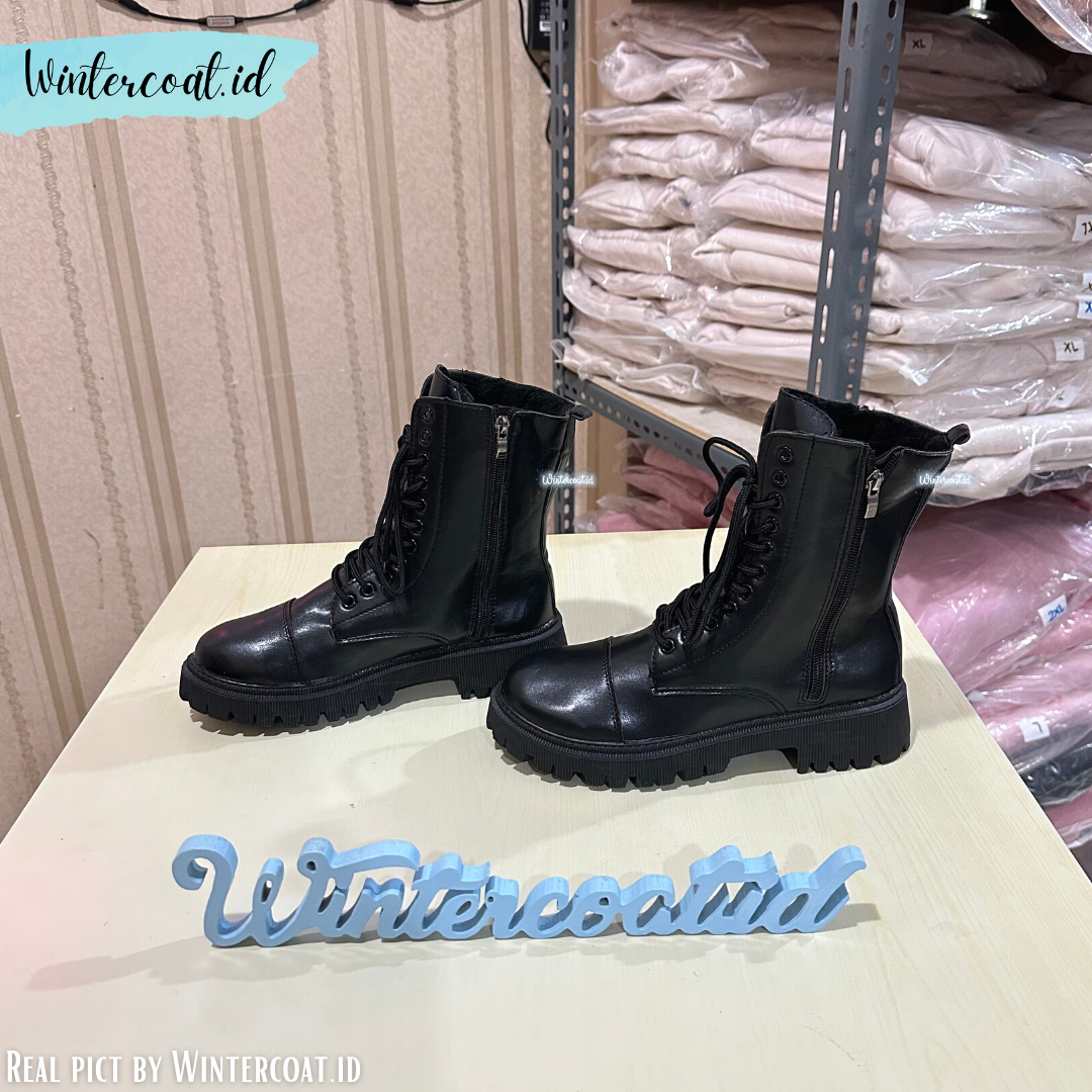 Leather boots import wanita sepatu winter Dian inner cashmere fur hangat hitam black boot