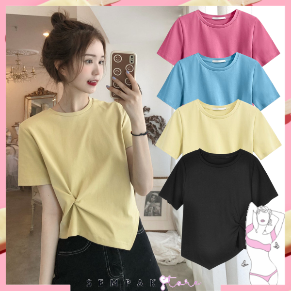SS Kaos Polos Wanita Lengan Pendek 6782 T-Shirt Women Short Sleeve Twisted Atasan Crop Top Wanita Serut Samping Ala Korea Murah Import