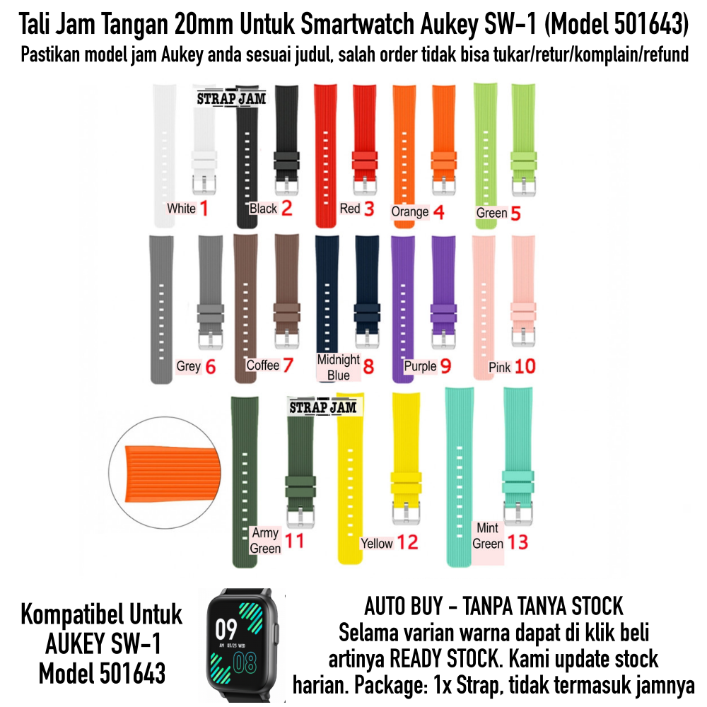 M42 Tali Jam Aukey SW-1 SW1 501643 - Strap 20mm Rubber Silikon Sporty