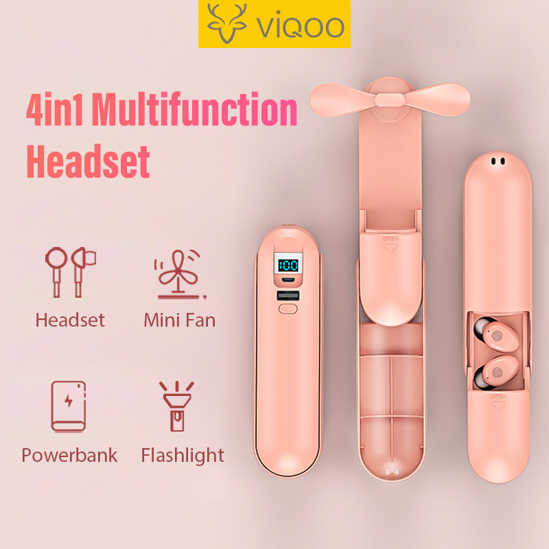 【COD】Viqoo Bluetooth Earphone with F7 Earbuds Dan Mini Fan Dan Flashlight Dan PowerBank 2000Mah Headset LED Kipas Powerbank 4 In 1 - T64