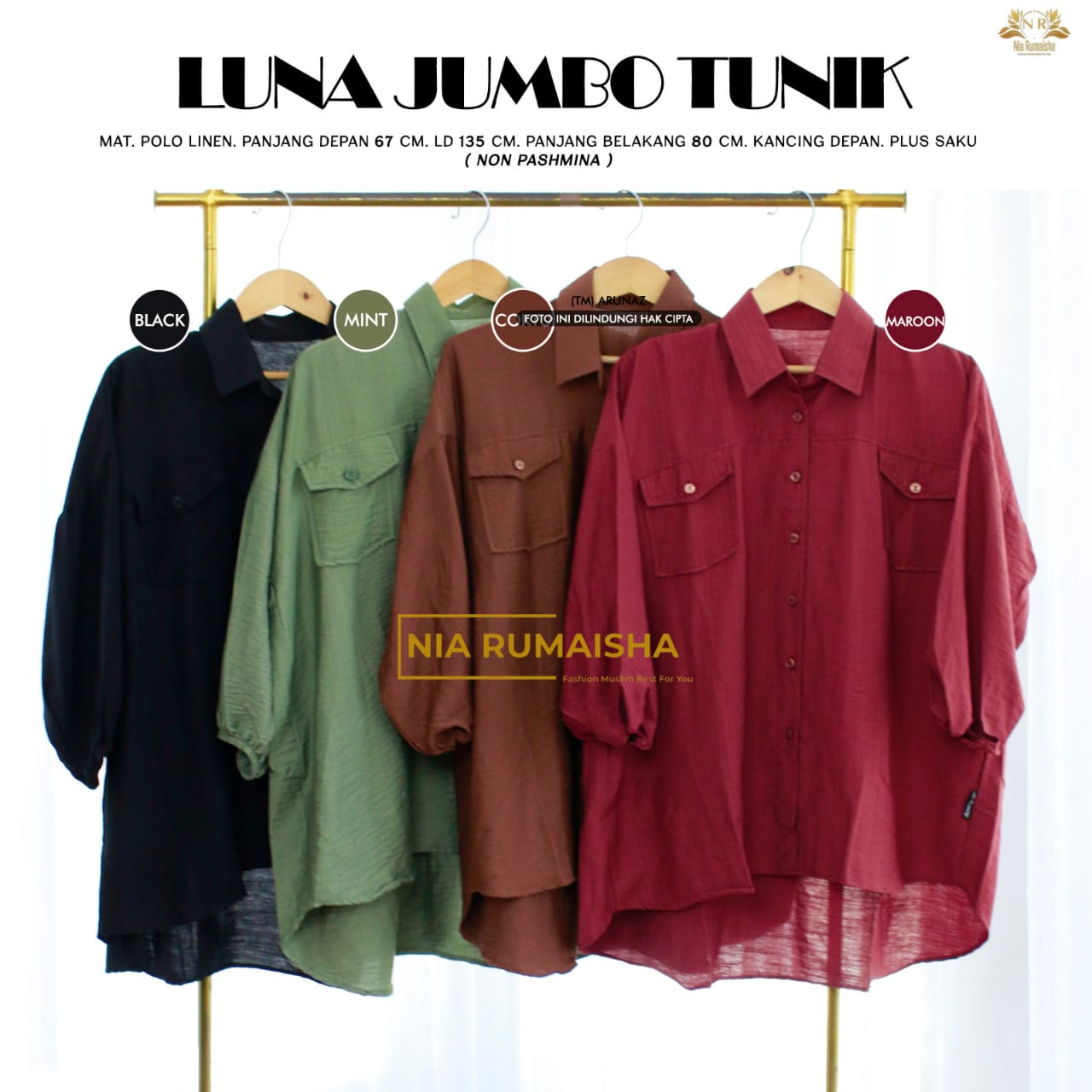 Luna Tunik Jumbo kemeja Blouse Atasan Muslim Wanita Original Produk By Nia Rumaisha