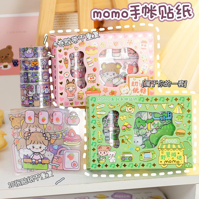 Stiker Momo Set 4Roll + 10Lembar Stiker Kartun Karakter Korea DIY Anti Air