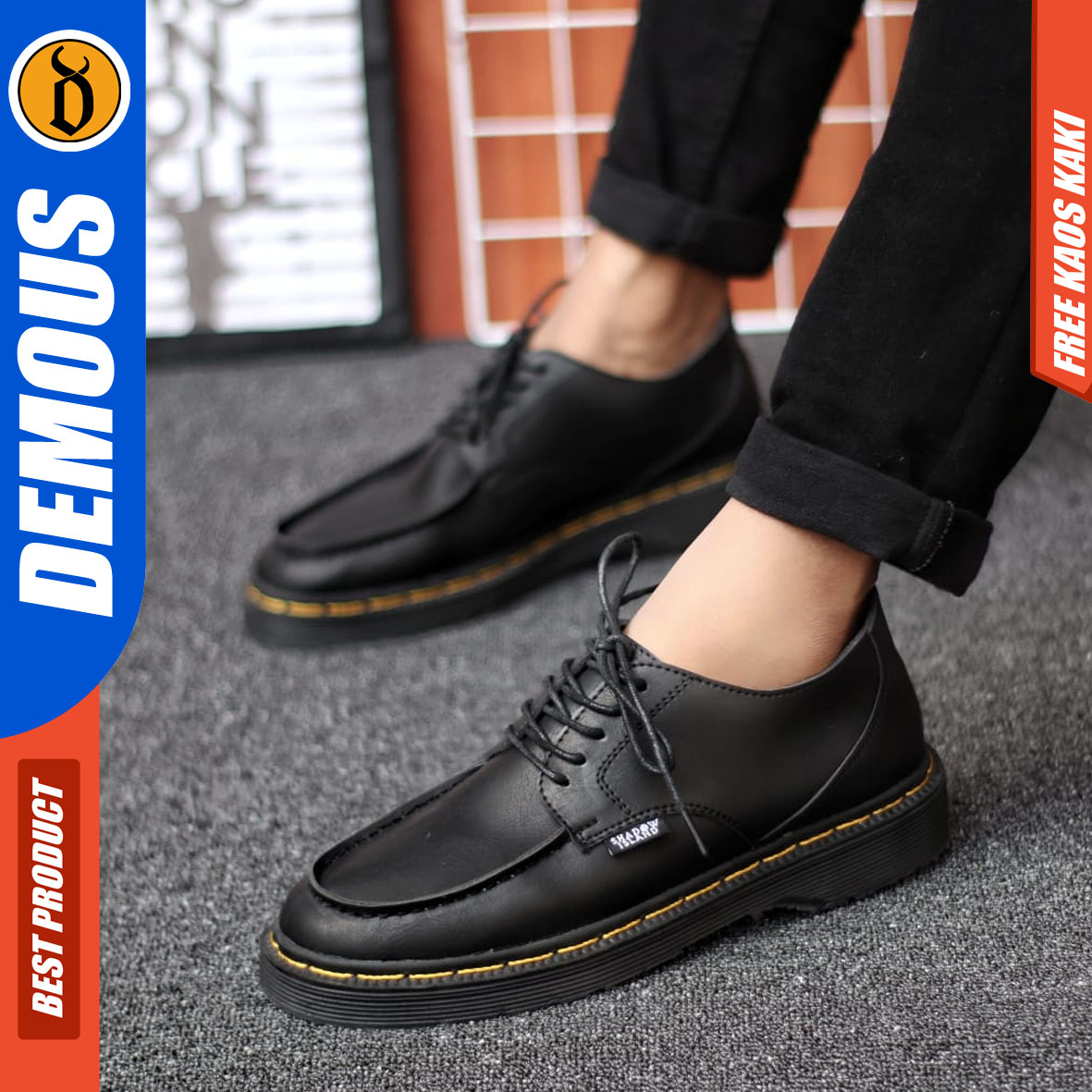 DEMOUS - Sepatu Formal Pantofel Pria Casual Kerja Docmart Hitam Kulit PU