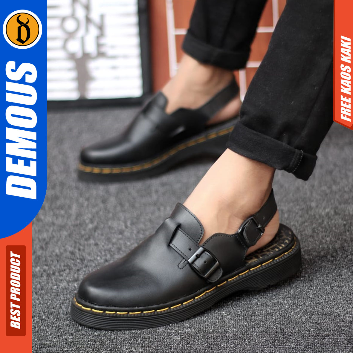 DEMOUS MIKASA - Sandal Sepatu Docmart Pria Sendal Slide Selop Pria Kulit PU