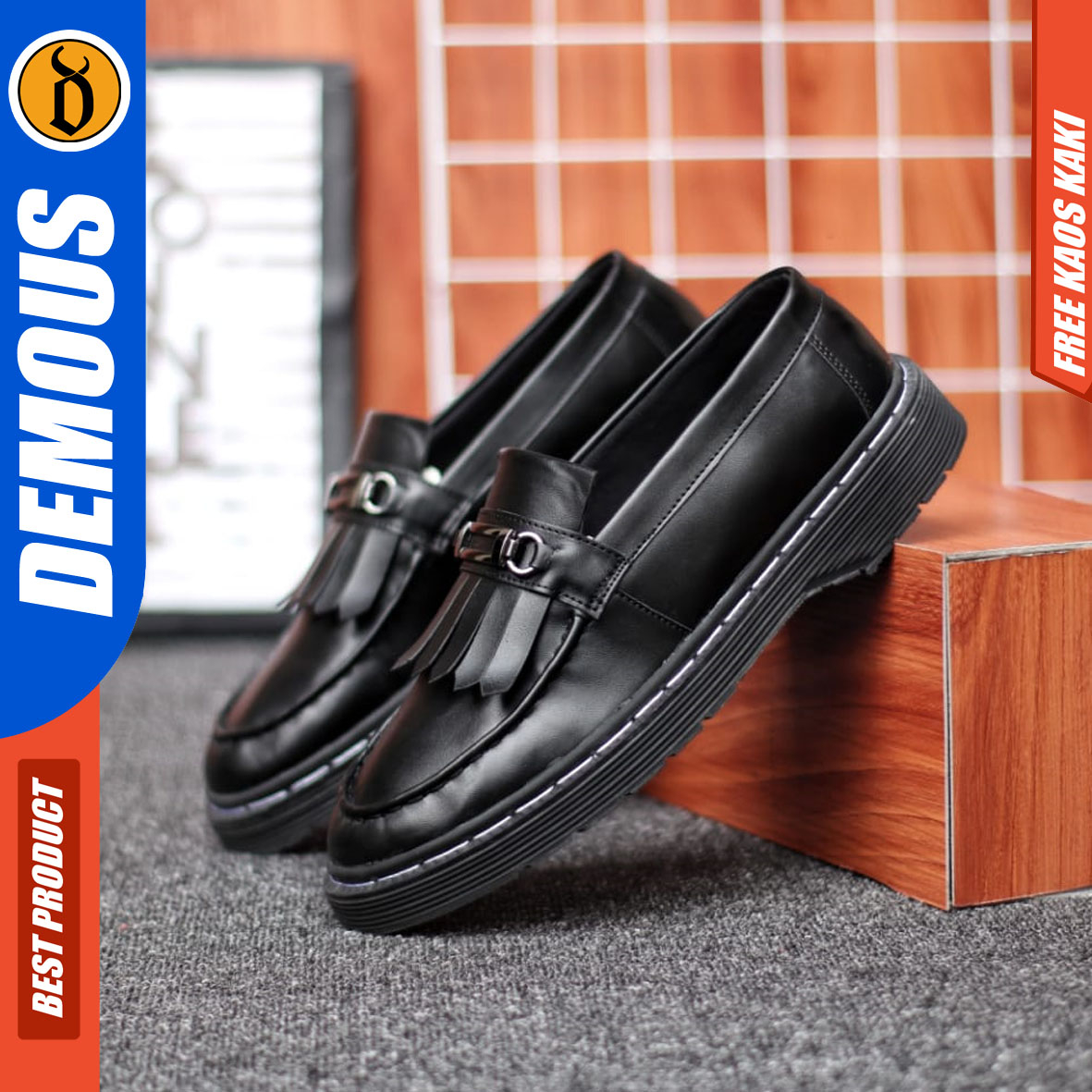 DEMOUS HIMAWARI - Sepatu Loafers Pantofel Formal Pria Docmart Casual Kulit PU Hitam Kerja Pria