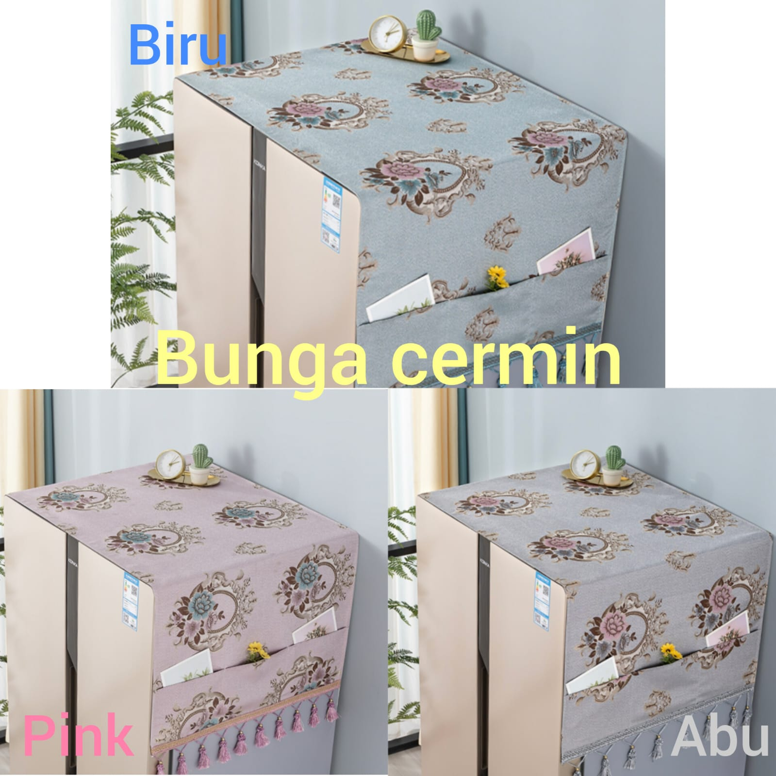 [BIG SALE] Cover Penutup Kulkas Taplak kulkas Multifungsi Alas Penutup Lemari es / oven / microwave / dispenser galon bawah MOTIF BUNGA CERMIN