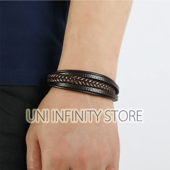 JWLB0341 Gelang Kulit Anyam Hitam Cokelat Simple Elegan Magnet Hitam Perak Pria Wanita Black Silver 