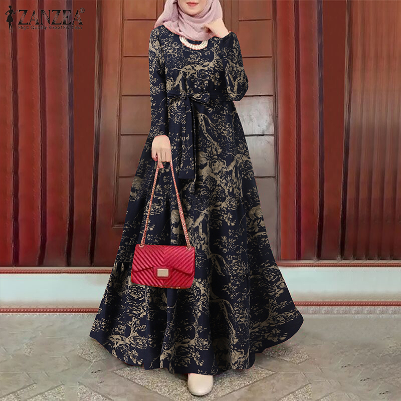 ZANZEA Women Long Sleeve O-Neck Lace Up Printed Tiered Muslim Long Dress