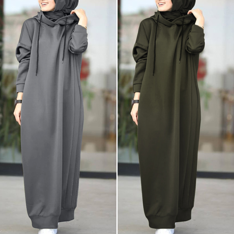 ZANZEA Women Hooded Winter Dress Long Sleeve Thin Fleece Long Dress