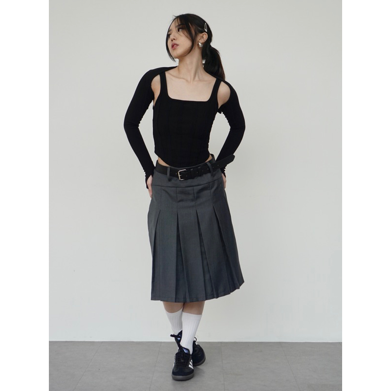 ADIS PLEATED BELTED MIDI SKIRT | Pickthecloth - Korean Skirt Flare Skirt Y2K Outfit Ready