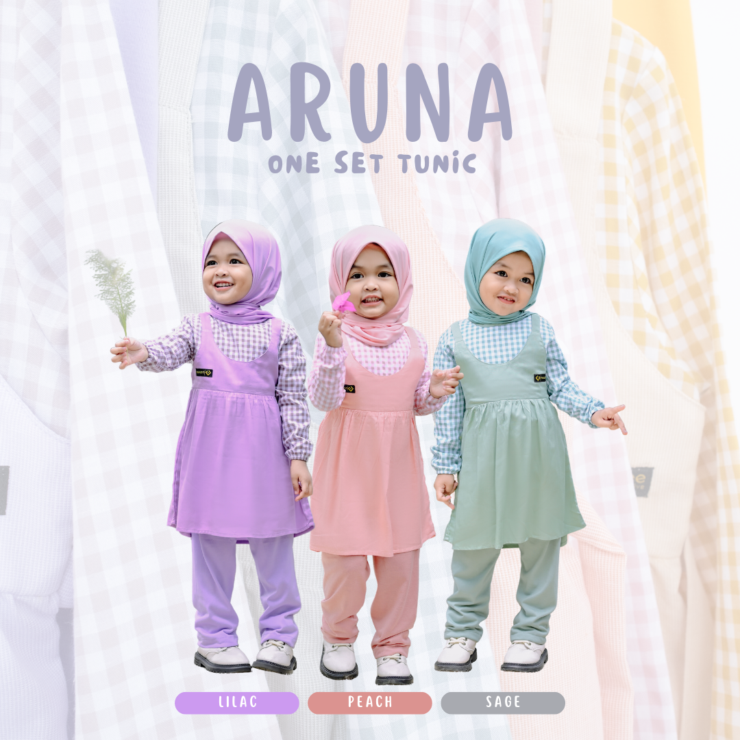 Nauree - Setelan Tunik Aruna One Set Dress Anak Perempuan Dress Panjang Atasan dan Celana Umur 1 2 3 4 5 6 7 8 Tahun Bahan Rayon Import Kualitas Premium Soft Polyester Motif Polos Plus Kerudung Dingin Nyaman Warna Cantik