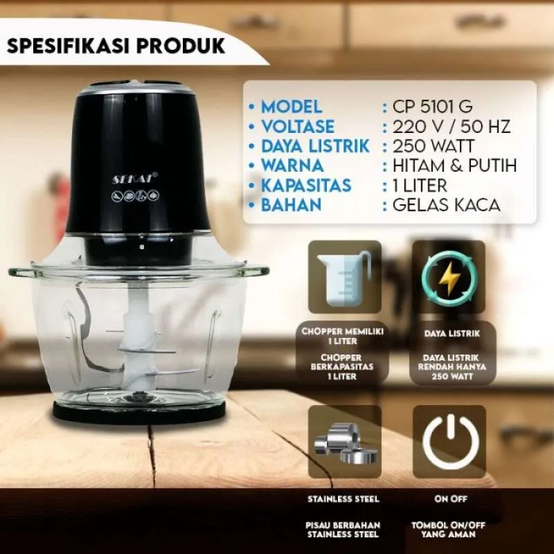 SEKAI Blender Chopper Penggiling Daging 1 Liter CP 5101 G Gelas Wadah Kaca