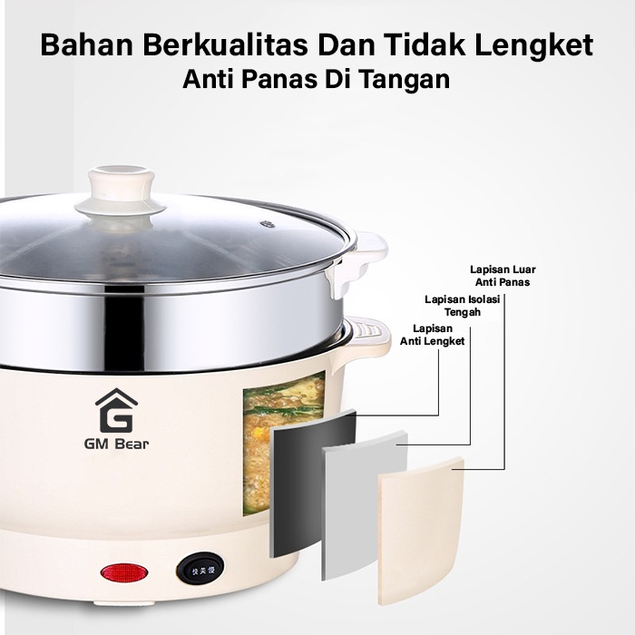 GM BEAR PANCI LISTRIK PLUS KUKUSAN STAINLESS SERBAGUNA  2in1 1225 ELEKTRIC COOKING POT