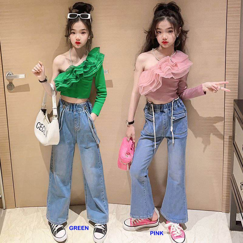 Setelan Anak Perempuan Teenager Crop Top One Shoulder