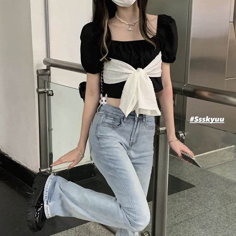 MOOGU ♡ blouse korea temperamen crop top wanita atasan