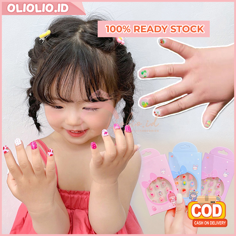 Kuku Palsu Nail Art Anak Motif Kartun 1 Set 12 Pcs Warna Warni Hiasan Jari Lucu Aksesoris Anak Perem