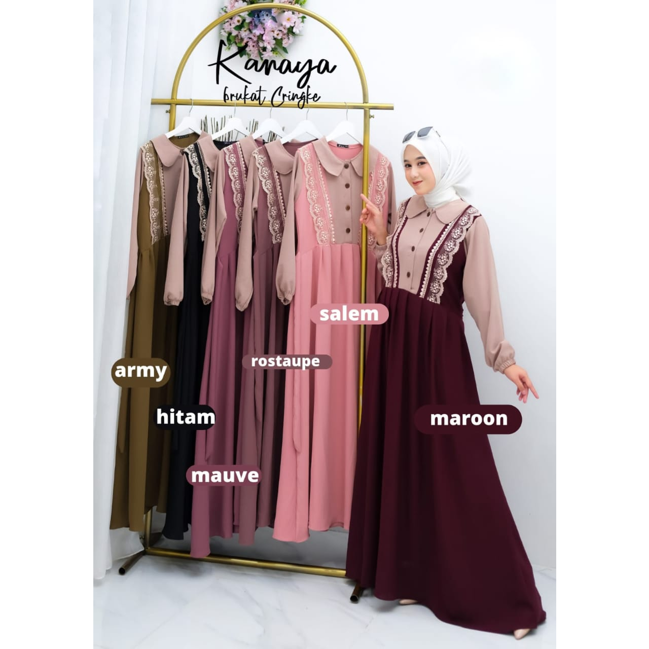 [COD] Kanaya Dress | gamis cringkle variasi renda Gamis Best Seller