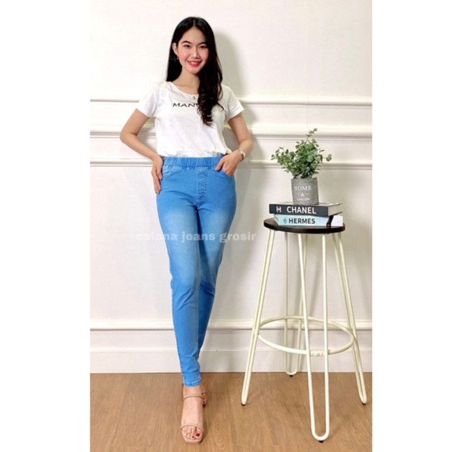 Celana Jegging Jeans Karet Pinggang Slimfit | Celana Cewek Legging