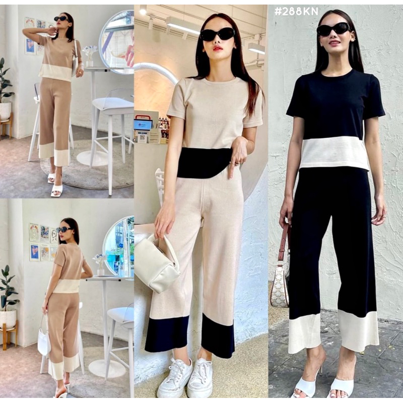 ONE SET WANITA KEKINIAN RAJUT KNIT LENGAN PENDEK CELANA KULOT POLOS WARNA IMPORT