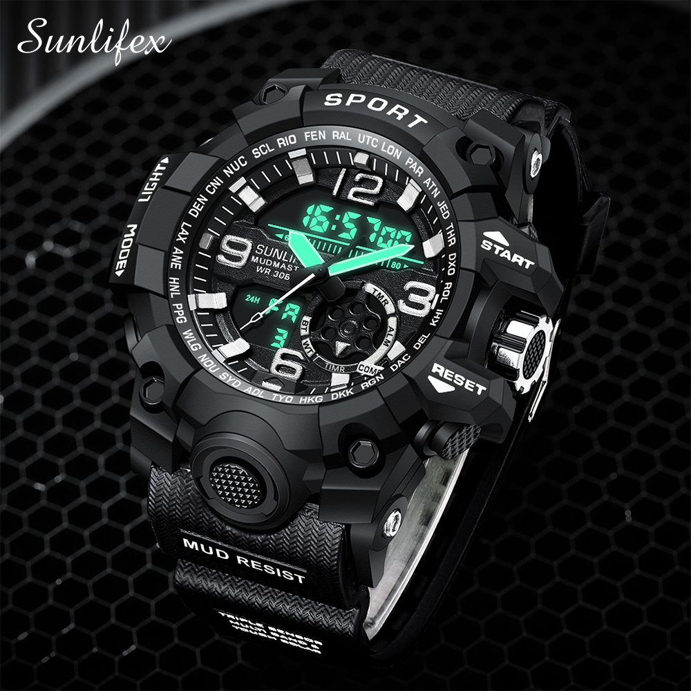 Sunlifex Jam Tangan Pria D002 Original Olahraga Jam Digital Multifungsi Tali Silikon Jam Tangan Cowok-Black