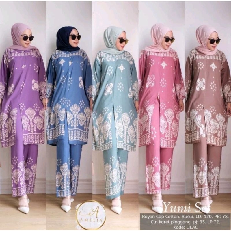 Setelan Rayon Yumi Set Long Tunik LD 120 Motif Batik Cap Print Soft Color Cotton Rayon Setelan Wanita Tiedye Full Kancing Made In Pekalongan