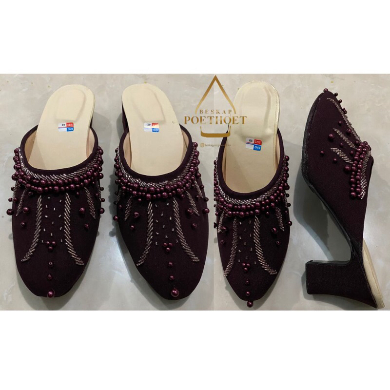 selop pengantin payet sandal sepatu nikah burgundy merah gelap hak tahu sedang