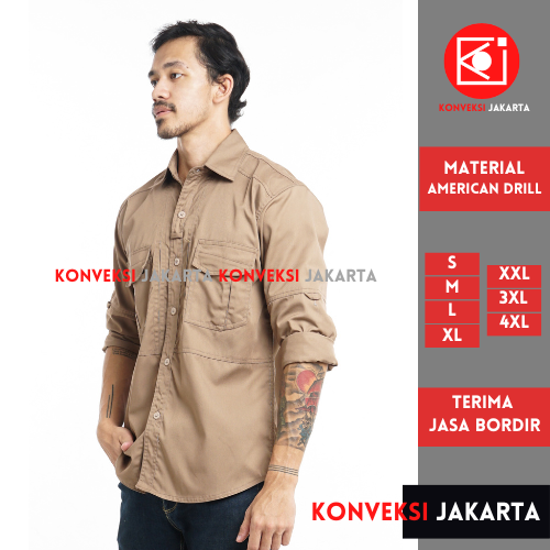 Baju Kemeja Tactical Lengan Panjang Pria - Seragam Pakaian Kerja Dinas Lapangan Outdoor Gunung Warna Khaki - Konveksi Jakarta Official