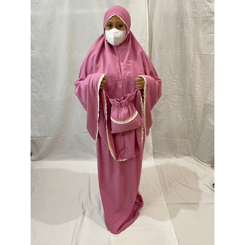 Full Set Mukena Travel Katun Renda 2in1 + Sajadah Traveling Motif Kashmeer