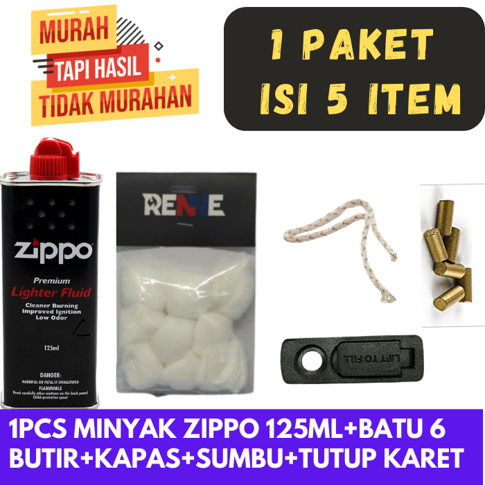 PAKET KOMPLIT MINYAK KOREK API ZIPPO ORIGINAL125ML + KAPAS ZIPPO + SUMBU ZIPPO + BATU + RUBBER FELT