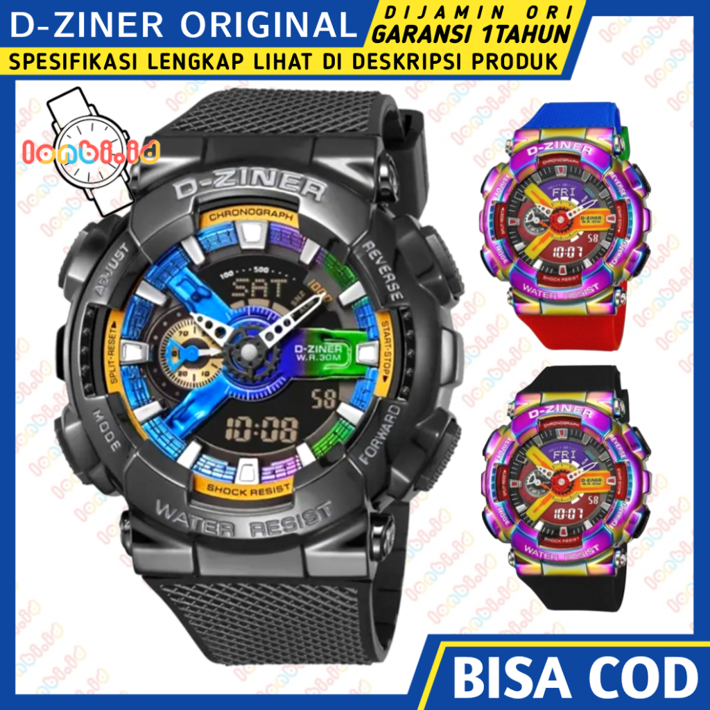 JAM TANGAN PRIA ORIGINAL D-ZINER DZ-8295 RAINBOW DIGITAL ANALOG SPORT ANTI AIR TERBARU DZINER ORI CO